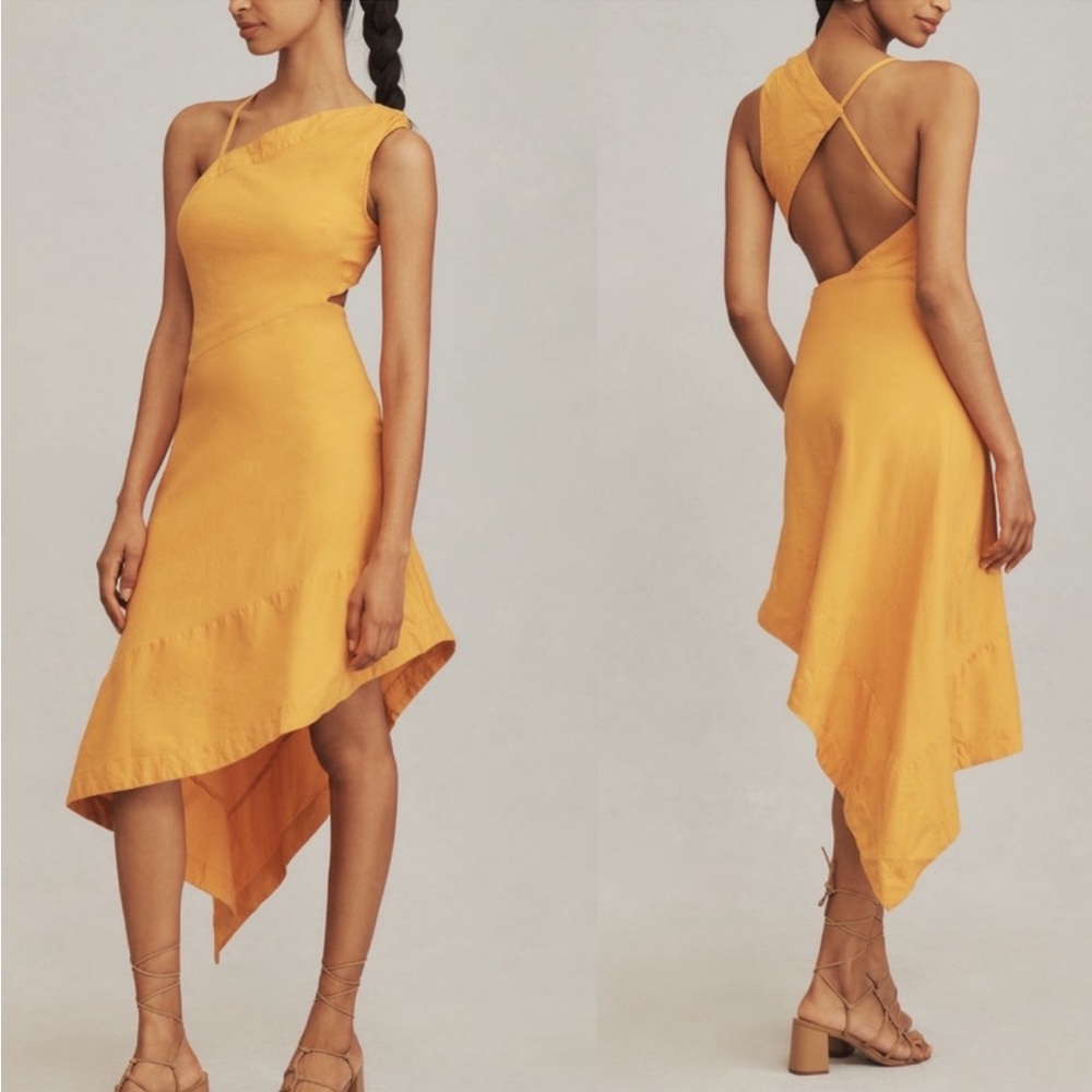Anthropologie Sleeveless Asymmetrical Open Back Linen Midi Dress 14‎ Orange